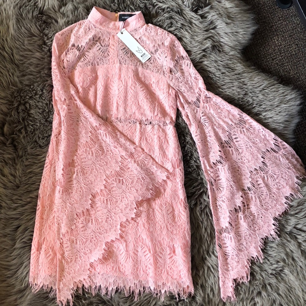 Pink lace bell sleeve dress
